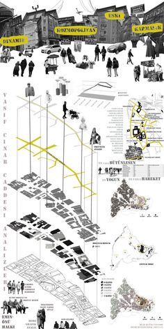 an illustrated map with people walking around in the distance and on top of it are yellow arrows