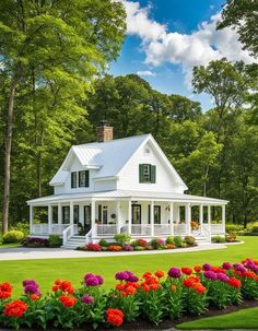 a white house surrounded by flowers and trees