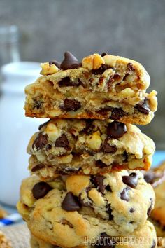 chocolate chip cookies stacked on top of each other