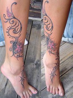 two tattoos on the legs of people with flowers and vines tattooed on their ankless