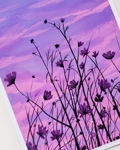 a painting of purple flowers against a pink sky