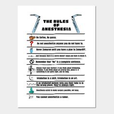 the rules of anestmesia poster on a white background with black and blue lettering