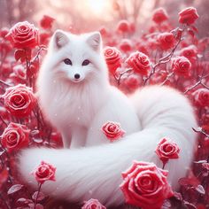 a white fox sitting in the middle of red flowers