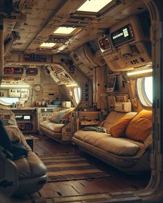 the inside of an airplane with couches, windows and other items on it's walls