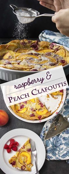 a person sprinkles sugar on top of a peach and cranberry french toast casserole