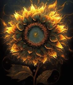 a large sunflower with yellow and green petals on it's head, surrounded by swirling swirls