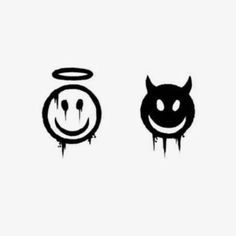 two black and white images with an angel and demon face on them, one in the middle