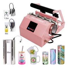 the pink machine is next to several different items