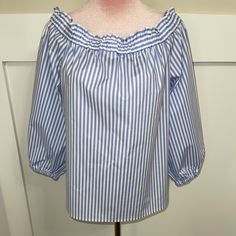 *New With Tags. *J. Crew Blue & White Stripe Ruffle Off-The-Shoulder Blouse In The Size Medium. The Material Is 97% Cotton And 3% Elastane. *Machine Washable. *Measurements: ~Pit To Pit: 20” ~Length: 20.5” Thank You For Shopping At Charms Kloset, I Truly Appreciate It. Please Let Me Know If You Have Any Additional Questions! Blue Long Sleeve Off-shoulder Top For Spring, Striped Off-shoulder Top For Spring, Blue Off-shoulder Top With Ruffles, Blue Off-shoulder Ruffled Top, Blue Long Sleeve Off-shoulder Top For Summer, Blue Off-shoulder Long Sleeve Top For Summer, Blue Off-shoulder Blouse For Day Out, Blue Off-shoulder Top For Brunch, Blue Off-shoulder Blouse For Brunch