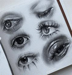 two drawings of different eyes and lashes on a piece of paper, one is black and white