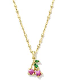 Do you feel like your looks need a little sweetness? Keep your stacks fresh and fun with the Cherry Gold Short Pendant Necklace in Berry Kyocera Opal. Featuring berry-hued kyocera opals in a cute cherry shape, this pendant necklace is chic and oh-so-unique. Metal 14k Yellow Gold Over Brass Material Rose Pink Kyocera Opal, Green Crystal Closure Lobster Clasp W/ Single Adjustable Slider Bead Size 19" Chain, 0.52"L X 0.35"W PendantDue to the one-of-a-kind nature of the medium, exact colors and patterns may vary slightly from the image shown. | Kendra Scott Cherry Gold Short Pendant Necklace in Berry | Kyocera Opal Short Pendant Necklace, Gold Shorts, Kendra Scott Necklace, Initial Jewelry, Earring Sale, Kendra Scott Jewelry, Chic Accessories, Dream Jewelry, Green Crystals