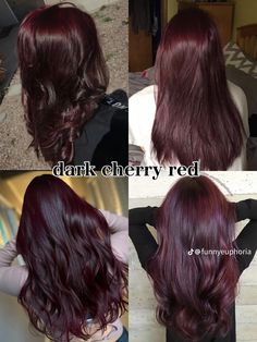 Black Red Tint Hair, Cool Toned Dark Red Hair, Dark Cherry Red Hair Aesthetic, Hair Dye Cherry Red, Dyed Hair Red And Brown, Maroon Color Hair, Cherry Red On Black Hair, Dark Cherry Plum Hair, Deep Red Black Hair