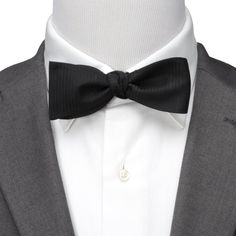 Show up to your black tie event with confidence with this black formal pinstripe bow tie. This black formal bow tie is made with 100% silk. Classic Black Tie Event Bow Tie, Classic Black Tie With Decorative Bow, Elegant Bow For Black Tie Suit Accessories, Black Bow Tie With Bow Tie Back, Classic Formal Tie With Detachable Bow, Elegant Formal Ties With Bow Tie Back, Black Bow Ties For Black-tie Events, Dapper Black Tie Accessories With Satin Bow, Dapper Bow Tie Back Ties For Black-tie Events