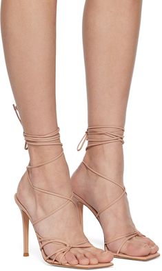 Handcrafted grained nappa leather heeled sandals in pink. · Open square toe · Criss-crossing straps at vamp · Wraparound self-tie ankle straps · Logo stamp at padded leather footbed · Covered stiletto heel with rubber injection · Leather sole · Heel: H4 in Supplier color: Peach Luxury High Heel Lace-up Sandals For Spring, Fitted Lace-up Sandals With Wrapped Heel And Ankle Tie, Cross-tied Ankle Wrap Sandals, Spring Ankle Wrap Heels With Sculpted Heel, Chic Strappy Lace-up Sandals With Padded Heel, Chic Strappy Cross-tied Heels, Formal Strappy Lace-up Sandals With Wrapped Heel, Chic Open Toe Lace-up Sandals With Cross-tied Detail, Chic Lace-up Sandals With Wrapped Heel And Ankle Wrap