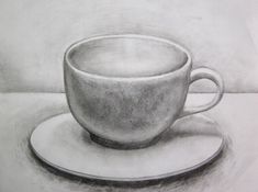 a pencil drawing of a coffee cup on a saucer