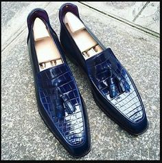 Luxury Blue Casual Tassel Loafers, Mens Party Wear, Alligator Dress Shoes, Tassel Shoes, Crocodile Shoes, Gentleman Shoes, Custom Design Shoes, Bespoke Shoes, Groom Wear