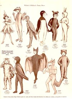 an old book with costumes for children in various colors and sizes, including the bat