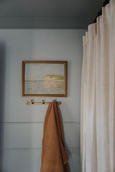 there is a towel hanging on the wall next to a painting and a coat rack