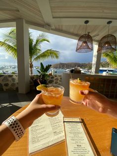 two people holding drinks at a table with menus on it and palm trees in the background