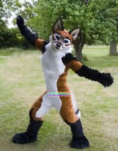 a man dressed as a fox standing in the grass with his arms up and legs spread out