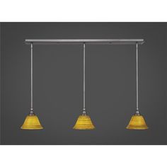 three light pendant fixture with yellow shades on the bottom and one light hanging from the ceiling