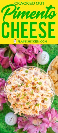 a close up of a bowl of food with flowers in the background and text overlay that reads cracker out pinenut cheese