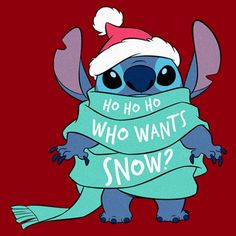 a cartoon character wearing a santa hat and holding a banner with the words who wants snow?