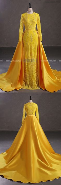 10% off now|Free shipping world-wide. Modest Yellow Long Sleeve Mermaid Formal Party Dress with Detachable Train at GemGrace. Click to learn our pro custom-made service for wedding dress, formal dress. View #BridalPartyDresses for more ideas. #uniquepromdresses Fitted Yellow Gown For Banquet, Yellow Gown For Banquet And Prom Season, Yellow Gown For Banquet During Prom Season, Long Sleeve Mermaid Dress With Sweep Train For Wedding, Long Sleeve Mermaid Dress For Prom, Yellow Party Gown With Sweep Train, Long Sleeve Mermaid Dress With Sweep Train For Banquet, Yellow Gown With Sweep Train For Party, Long Sleeve Mermaid Dress For Wedding And Prom