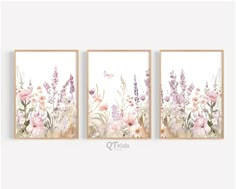 three framed pictures with pink flowers and butterflies on the wall in front of a white background