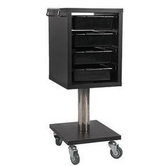 a black cart with two shelves on wheels