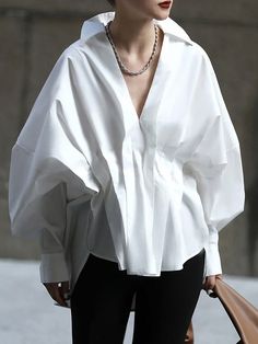 Original Creation Long Sleeves Loose Pleated Solid Color Lapel Collar Blouses & Shirts Tops WHITE-One_size Lawyer Fits, Kimono Kaftan, Oversized Tops, Plain Blouse, Pleated Blouse, Moda Vintage, Tres Chic, Mode Inspo, Solid Clothes