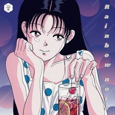 an anime character holding a drink in front of her face