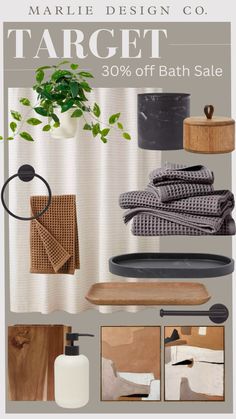 an advertisement for the marlie design co target bath sale is shown in grey and white