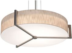 a light that is hanging from a ceiling fixture with a beige shade on the top