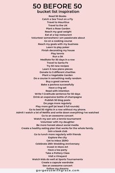 the 50 before 50 bucket list is shown in black and white on a pink background