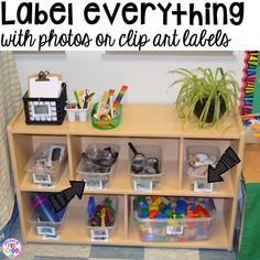 a wooden shelf filled with lots of craft supplies