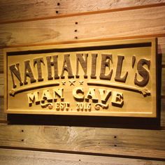 the nathan's man cave sign is mounted on a wooden paneled wall,