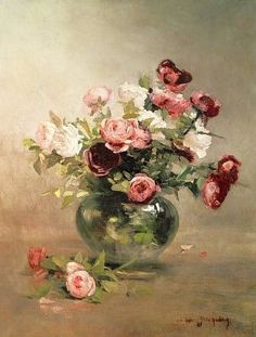 a painting of roses in a vase on a table