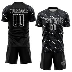 Custom Soccer Uniforms - Custom Black White Sublimation Soccer Uniform Jersey Customizable Black Jersey For Team Spirit, Customizable Black Sporty Jersey, Customizable Sporty Black Jersey, Sporty Black Customizable Jersey, Customizable Black Jersey With Team Spirit, Team Spirit Customizable Black Jersey, Black Sportswear Sublimation Design With Team Logo, Black T-shirt For Football Season Team Events, Black T-shirt For Team Events During Football Season