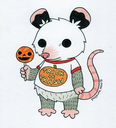 a drawing of a rat with a trick or treat on it's chest holding a pumpkin