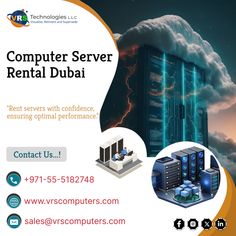 an advertisement for computer server rental in dubai, with the image of servers and clouds