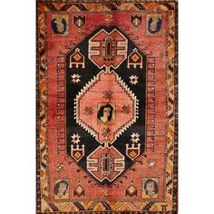 an antique rug with black, red and orange colors on the bottom is a woman's face