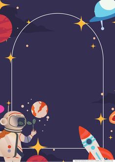 an astronaut in outer space looking at the stars and planets with a frame for text