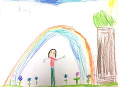 a child's drawing of a person standing in front of a rainbow arch