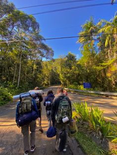 three people with backpacks are walking down the road in front of some palm trees