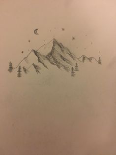 a pencil drawing of a mountain with trees and stars on it's side, as well as the moon in the sky