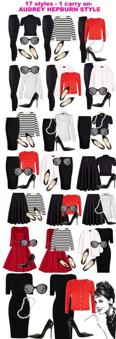 17 styles with only 10 pieces. It’s classic and never out of date - Audrey Hepburn I love Black and White with a sparkle of Passion Red. Doesn't get more classic than Audrey! Hepburn Style Outfits, Chic Capsule Wardrobe, Style Capsule Wardrobe, Outfit Elegantes, Style Capsule