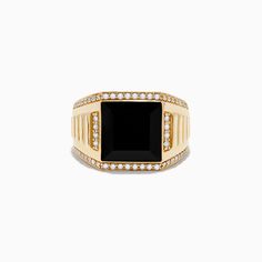 Effy Men's 14K Yellow Gold Onyx and Diamond Ring Formal Black 14k Gold Rings, Classic Black Ring With 17 Jewels, Luxury Black 14k Stamped Rings, Luxury 14k Black Rings, Black 14k Gold Signet Ring, Black 14k Gold Signet Ring Fine Jewelry, Black 14k Gold Signet Ring With Gemstone, Formal Black 14k Stamped Signet Ring, Yellow Stone