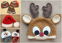 a crocheted deer hat with antlers on it's ears and nose