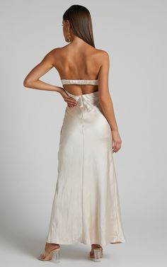 Kira Midaxi Dress - Strapless Cut Out Satin Dress in Champagne | Showpo USA Glamorous Strapless Backless Dress For Formal Occasions, Glamorous Strapless Backless Dress For Formal Events, Summer Satin Strapless Dress For Night Out, Satin Strapless Dress For Summer Night Out, Satin Strapless Dress For Night Out In Summer, Strapless Satin Evening Dress For Summer, Glamorous Satin Strapless Summer Dress, Chic Strapless Maxi Dress For Bridesmaid, Halter Neck Satin Dress For Wedding